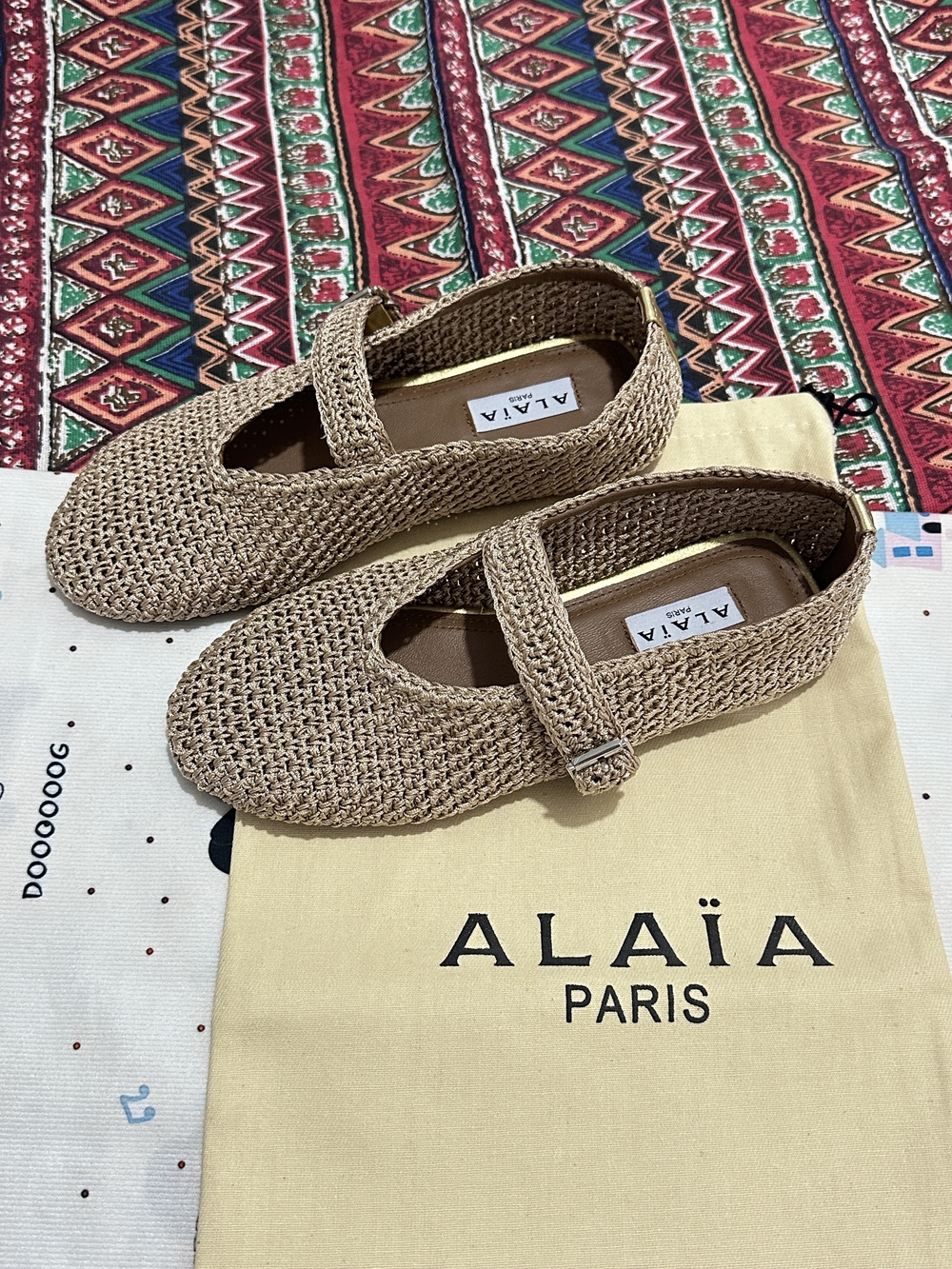 Alaïa Light Khaki Woven Mary Jane Flats